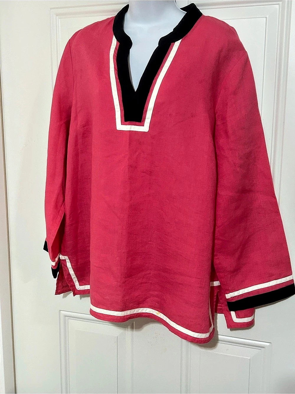 Talbots Linen Nautical V-Neck Tunic Pink & Black XL